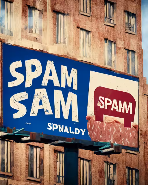 SPAM BILLBOARD ON ABANDONED OLD BUILDING OF A CULT