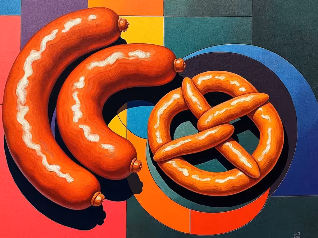 two sausages and pretzel