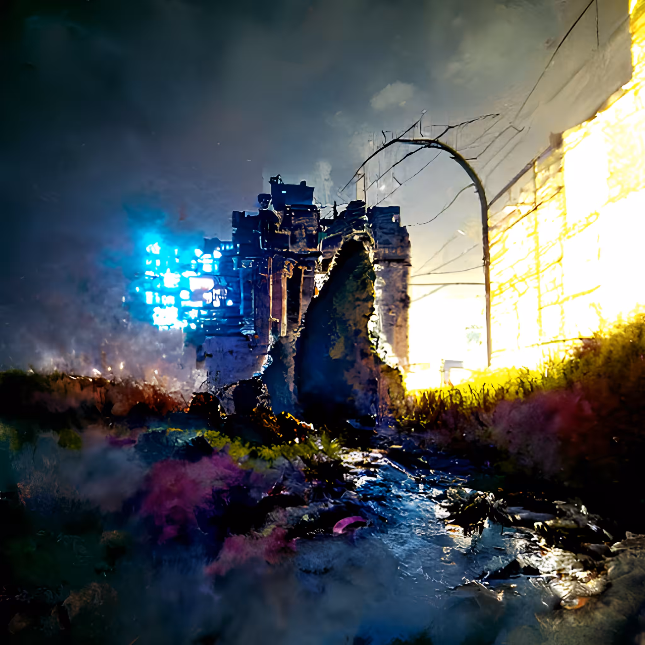 Castle ruins within a Cyberpunk landscape at night