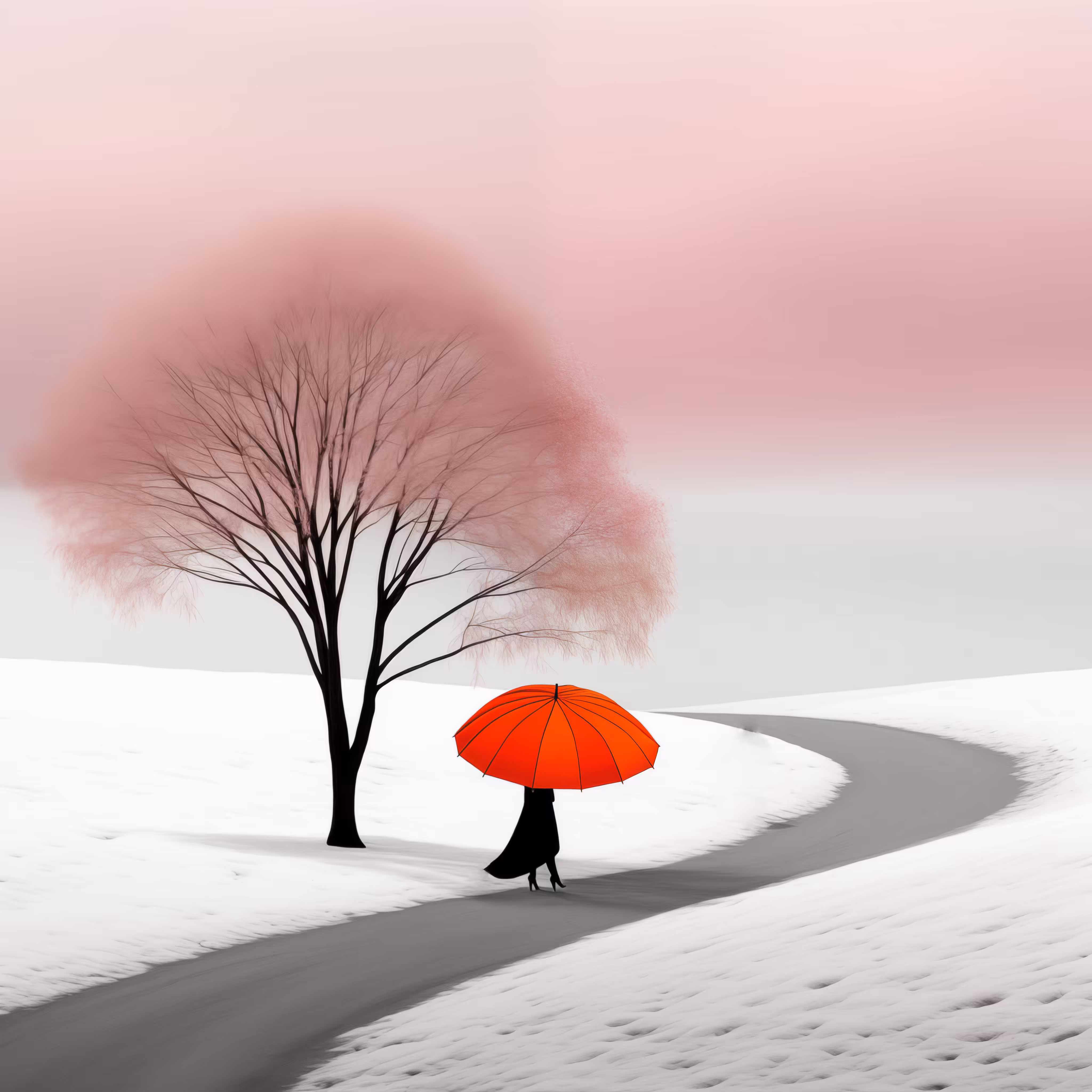 Winter Walk with a Red Umbrella