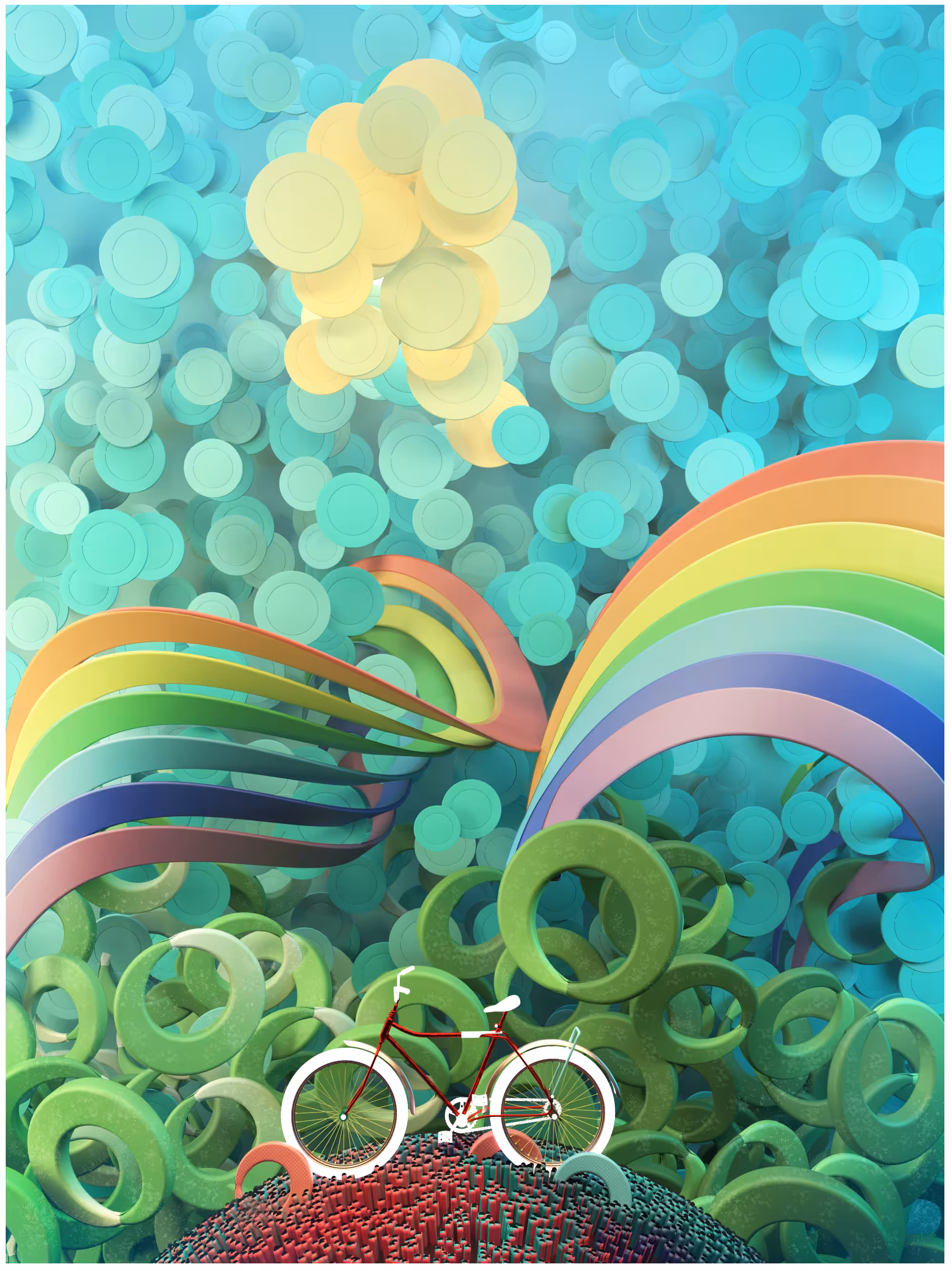 One glowing Bike over a tiny Hill covered in beautiful Rainbow