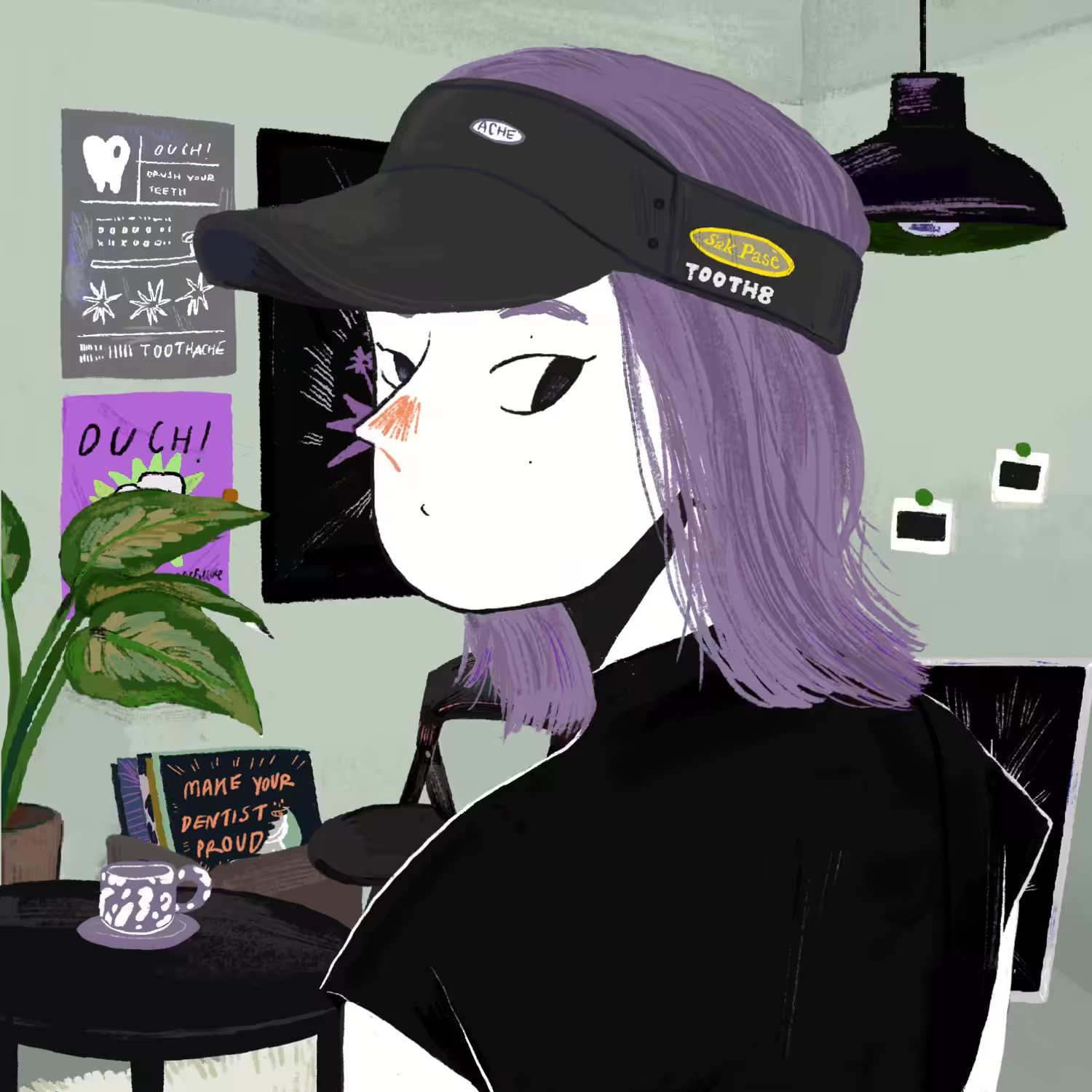 She is in the living room, Wearing her favorite visor - ni