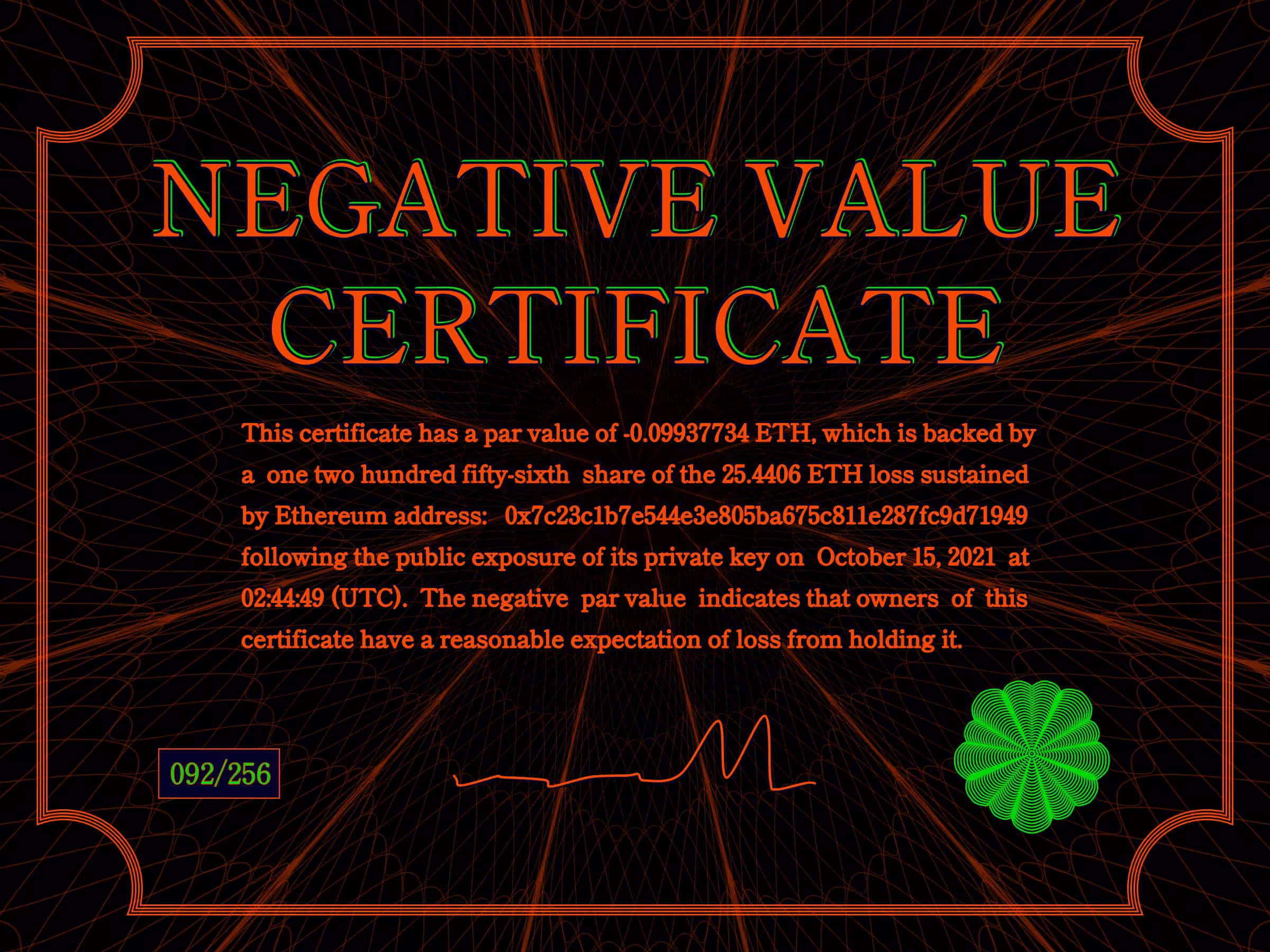 Negative Value Certificate #92 of 256