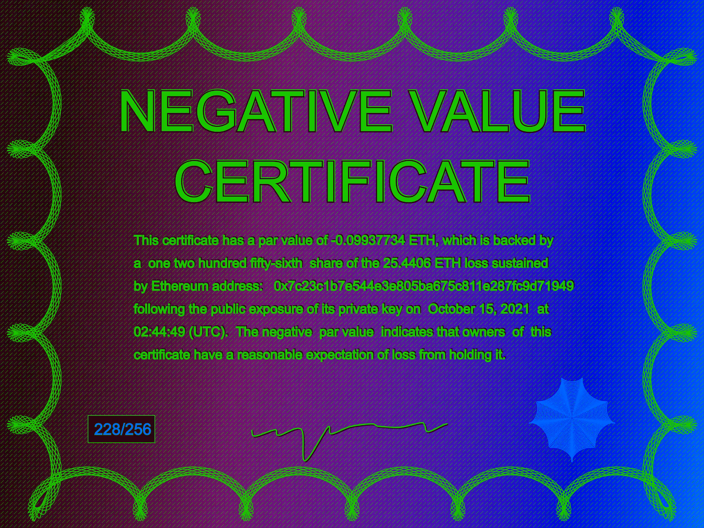 Negative Value Certificate #228 of 256