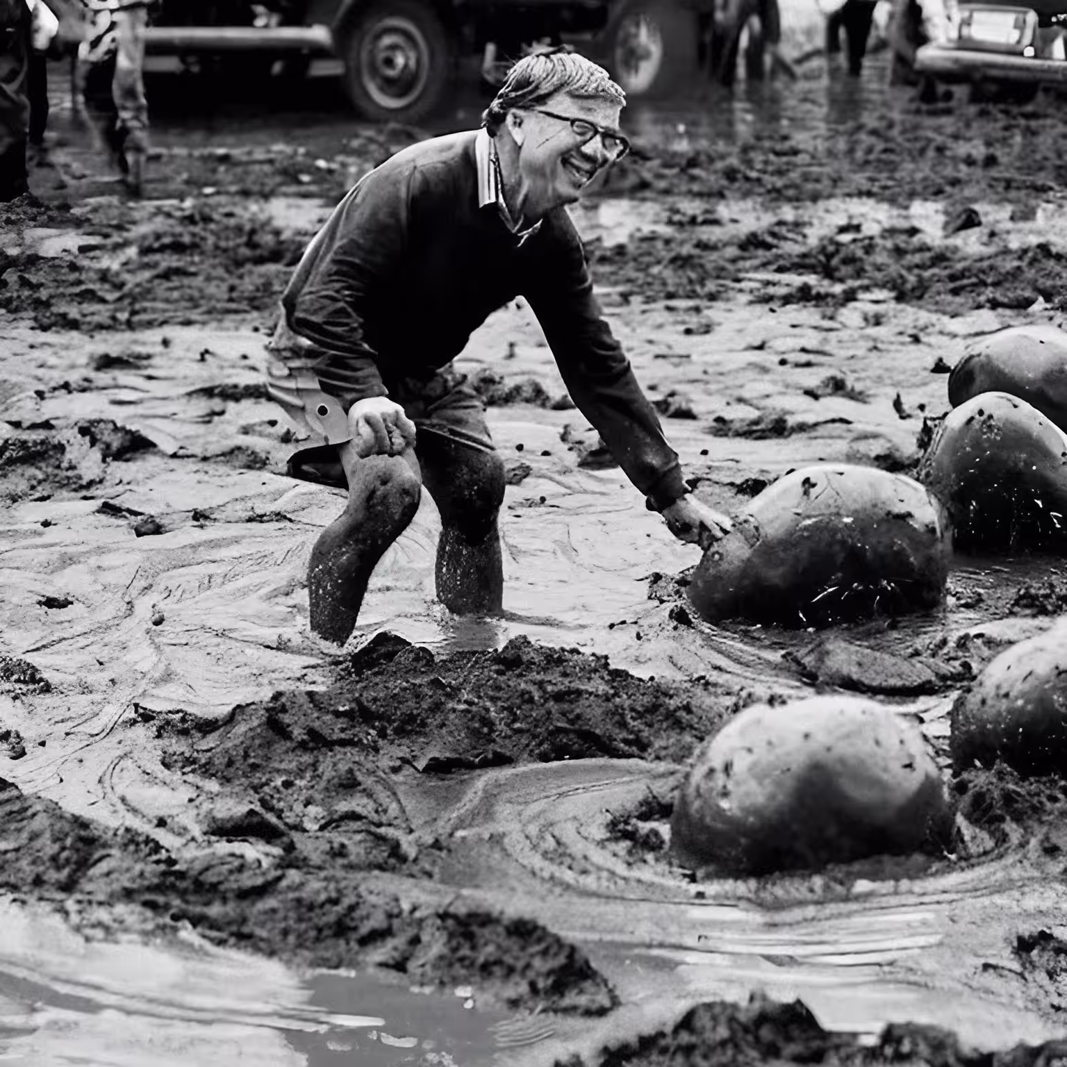 Billo Gateso playing in the mud with porks 