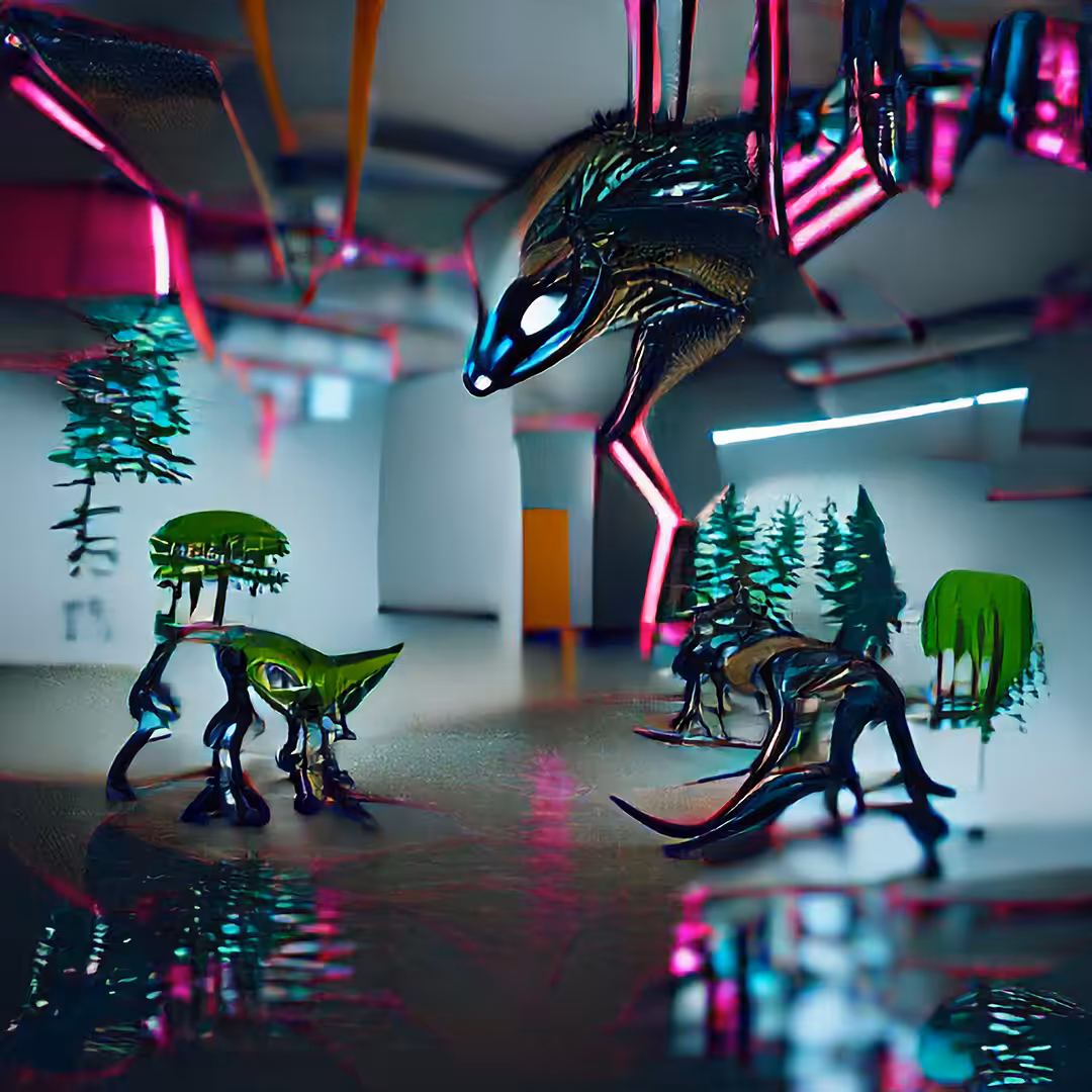 Aliens And Dinosaurs In A Cyber-Punk Forest