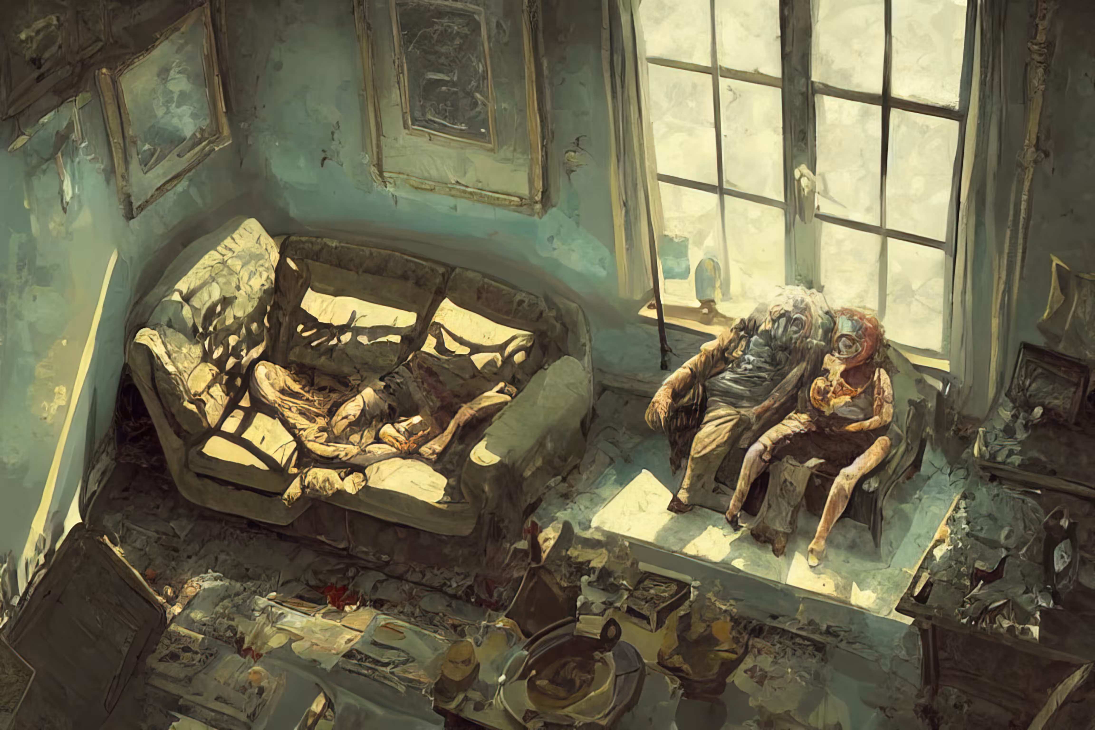 Elderly zombie couple waiting for Godot 01