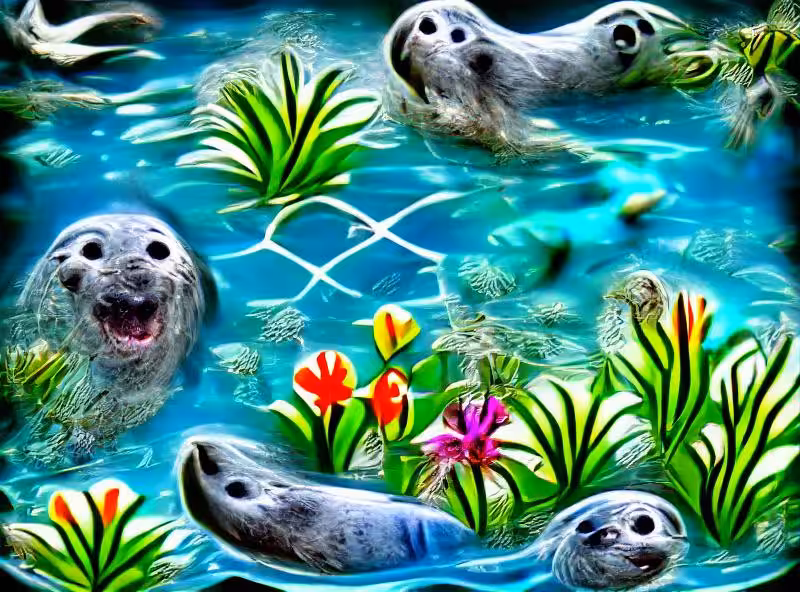 Delighted Seals Frolic in an Underwater Garden Paradise