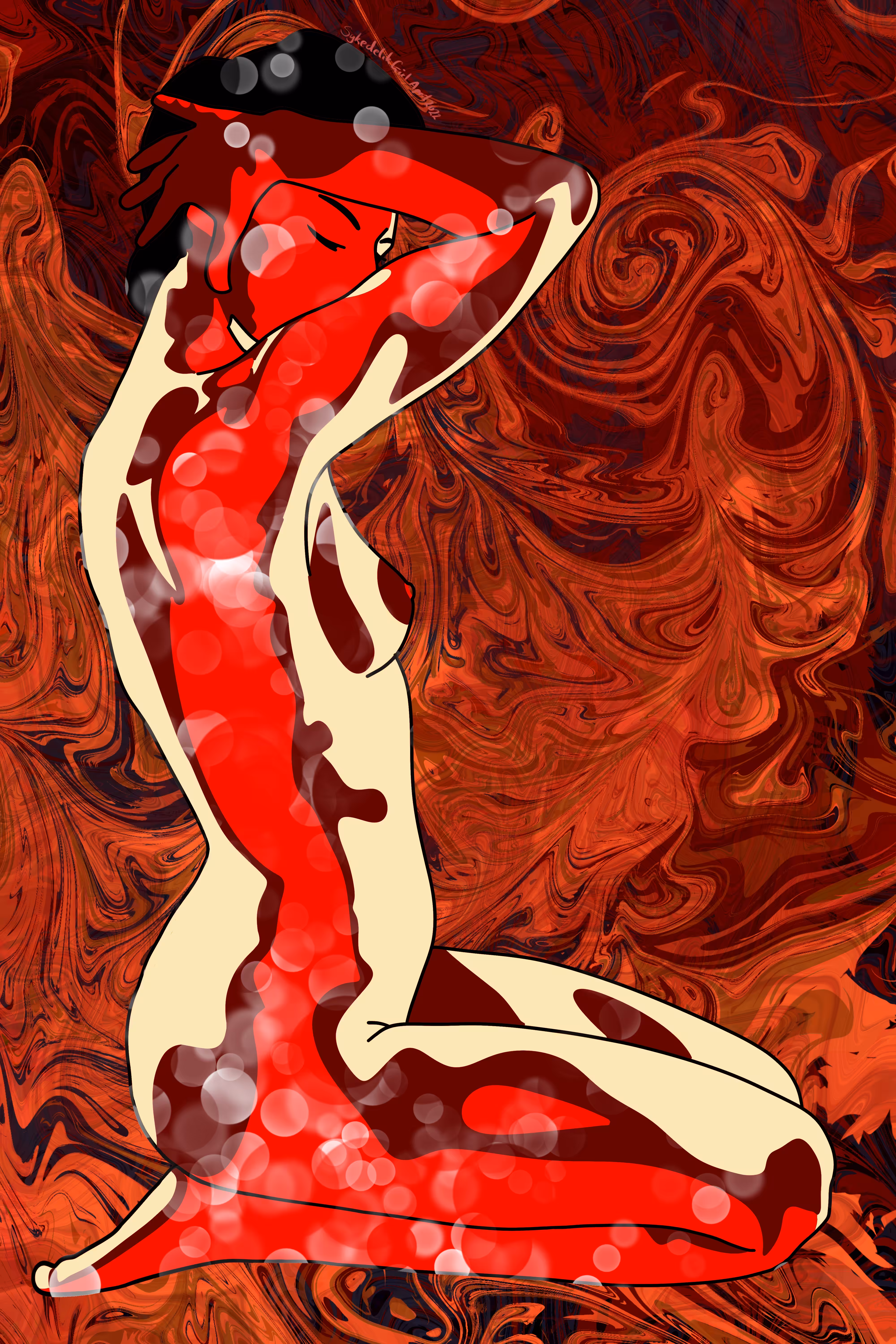 Psychedelic Nude in Red Bubbles