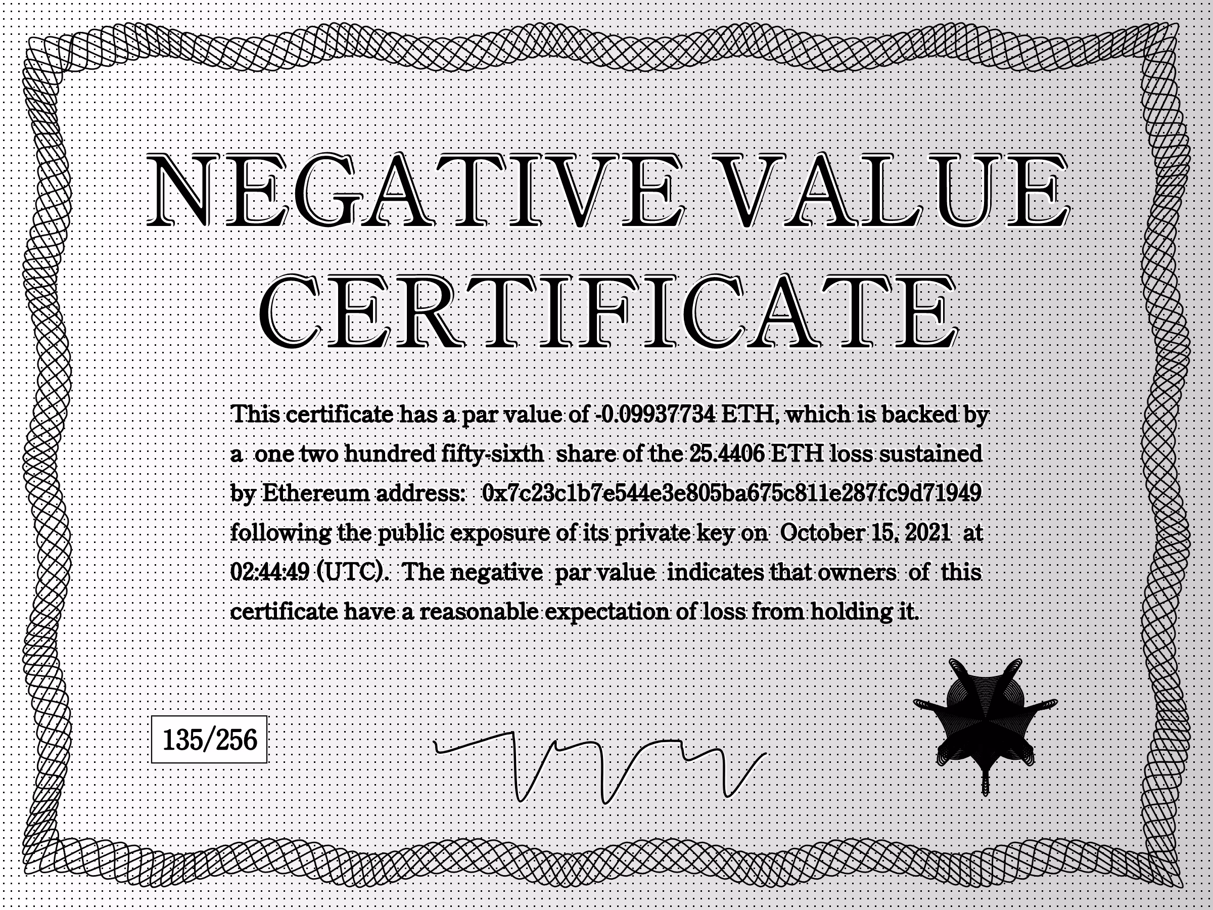 Negative Value Certificate #135 of 256
