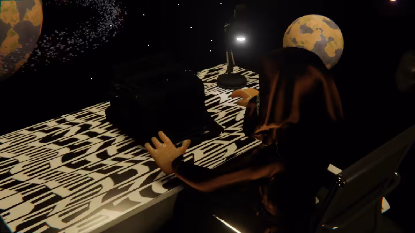 Desktop #65: The Guru in the Black Slim Chair With a Desk Lamp and a Typewriter on a Pattern Table in Space