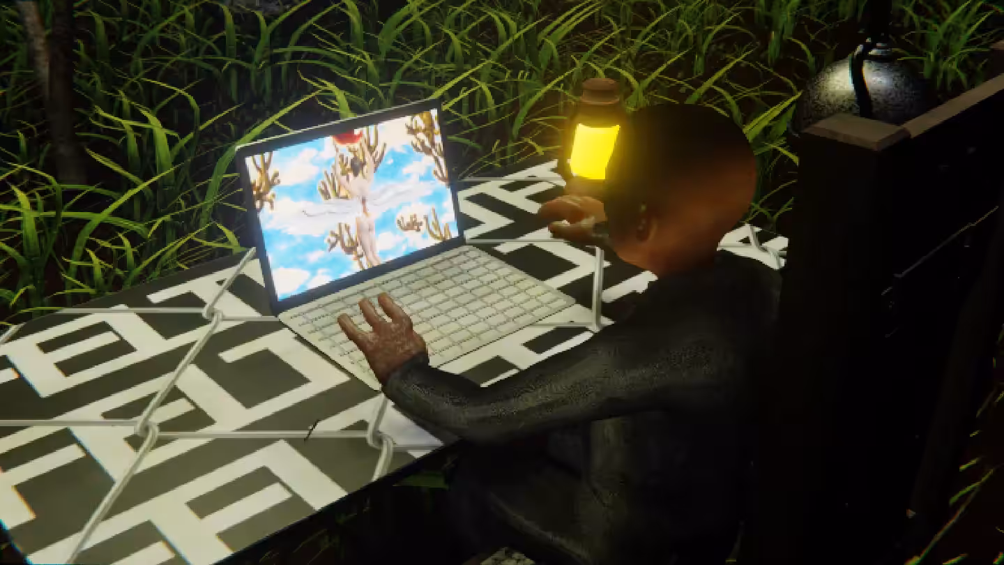Desktop #161: The Business in the Electric Chair With a Gas Lamp and a Gardens Monitor on a Barbed Wire Table in The Forest