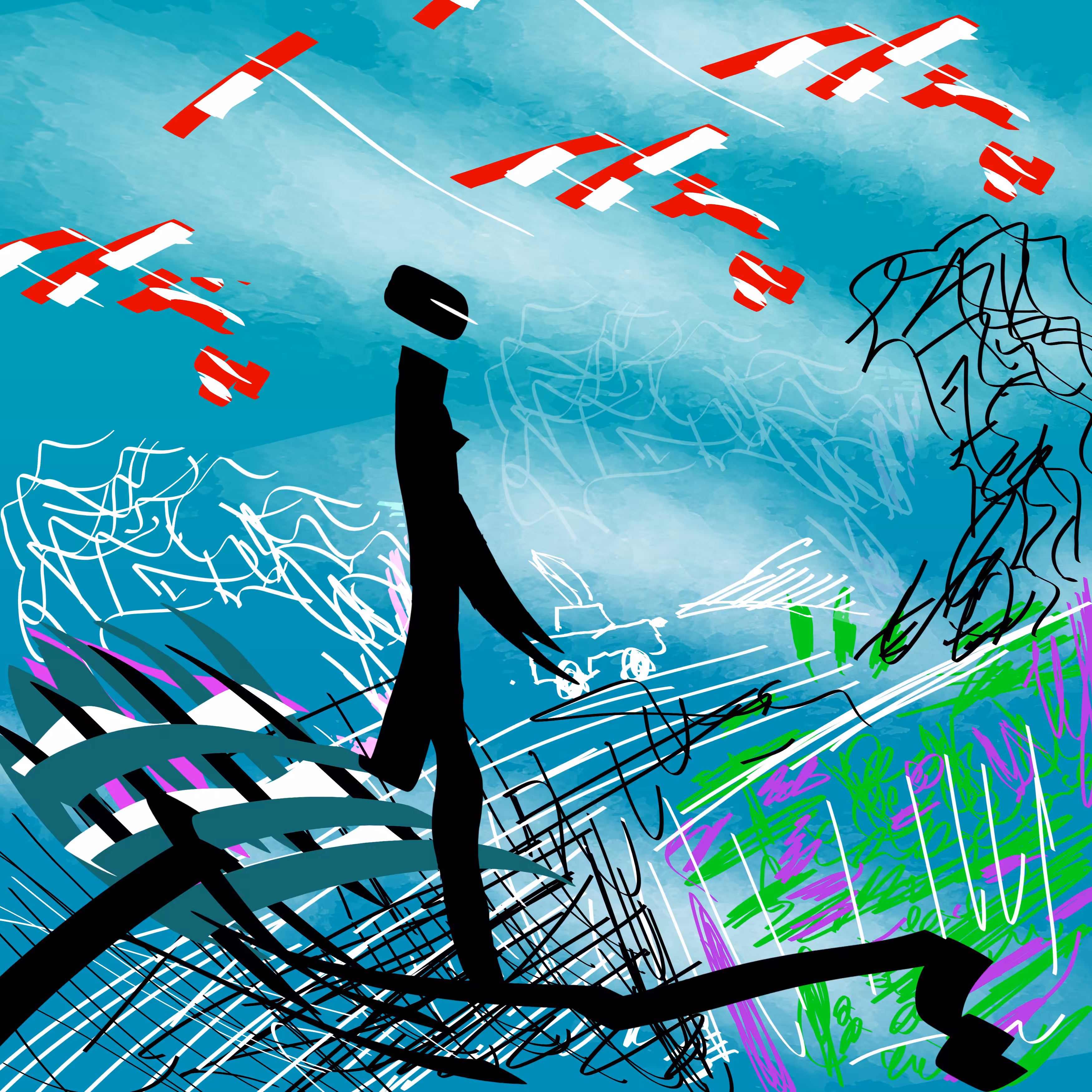 Piano player, sky and flying objects