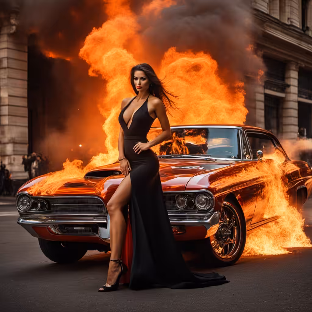 A beautiful woman next to her burnt car