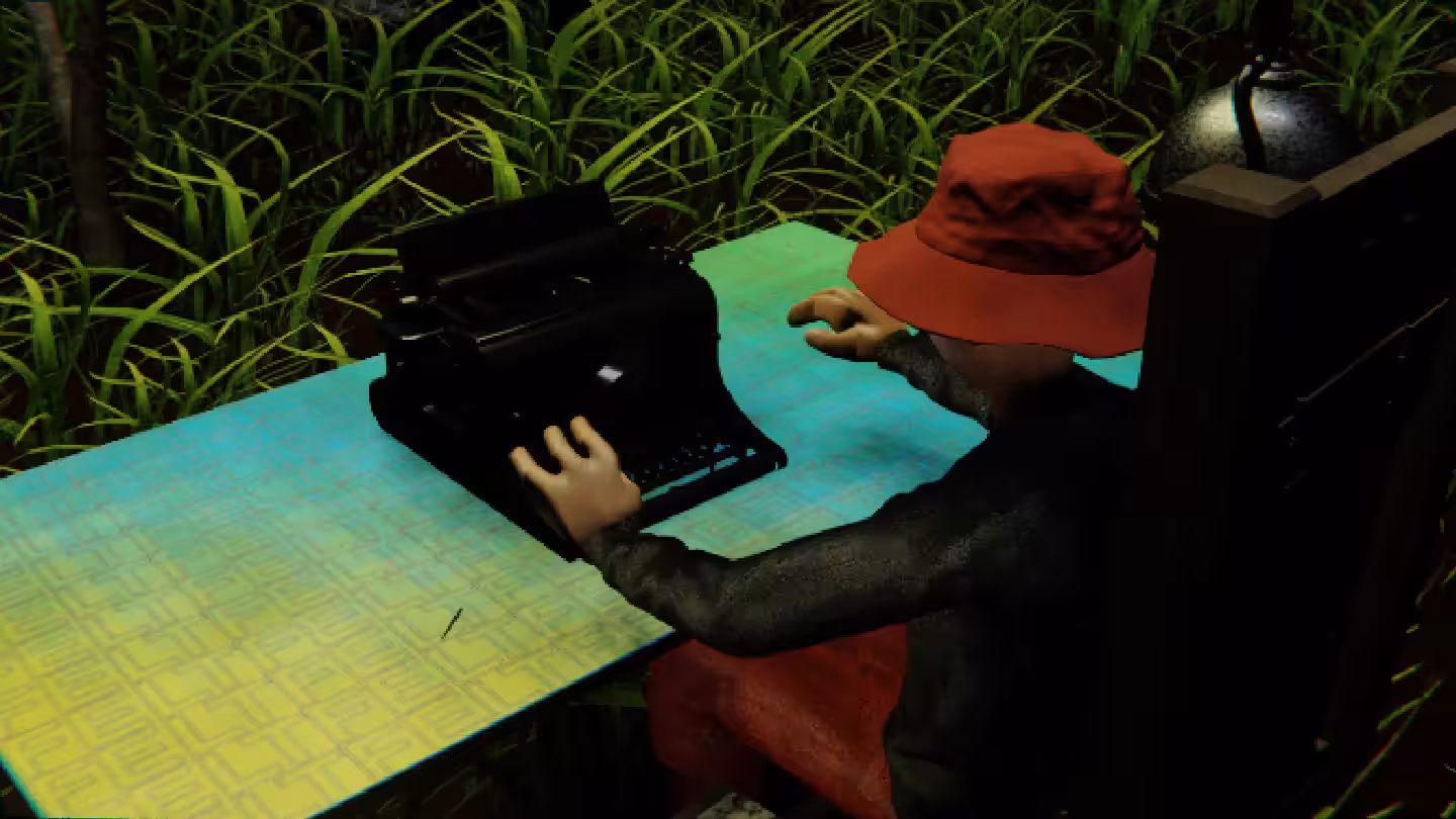 Desktop by Felt Zine: Desktop #229: The Hypebeast in the Electric Chair With a Hanging Light and a Typewriter on a Green FELT Zine Table in The Forest