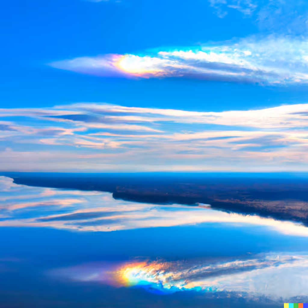 ☁️ 17 - a iridescent clouds reflected on the water of a river basin