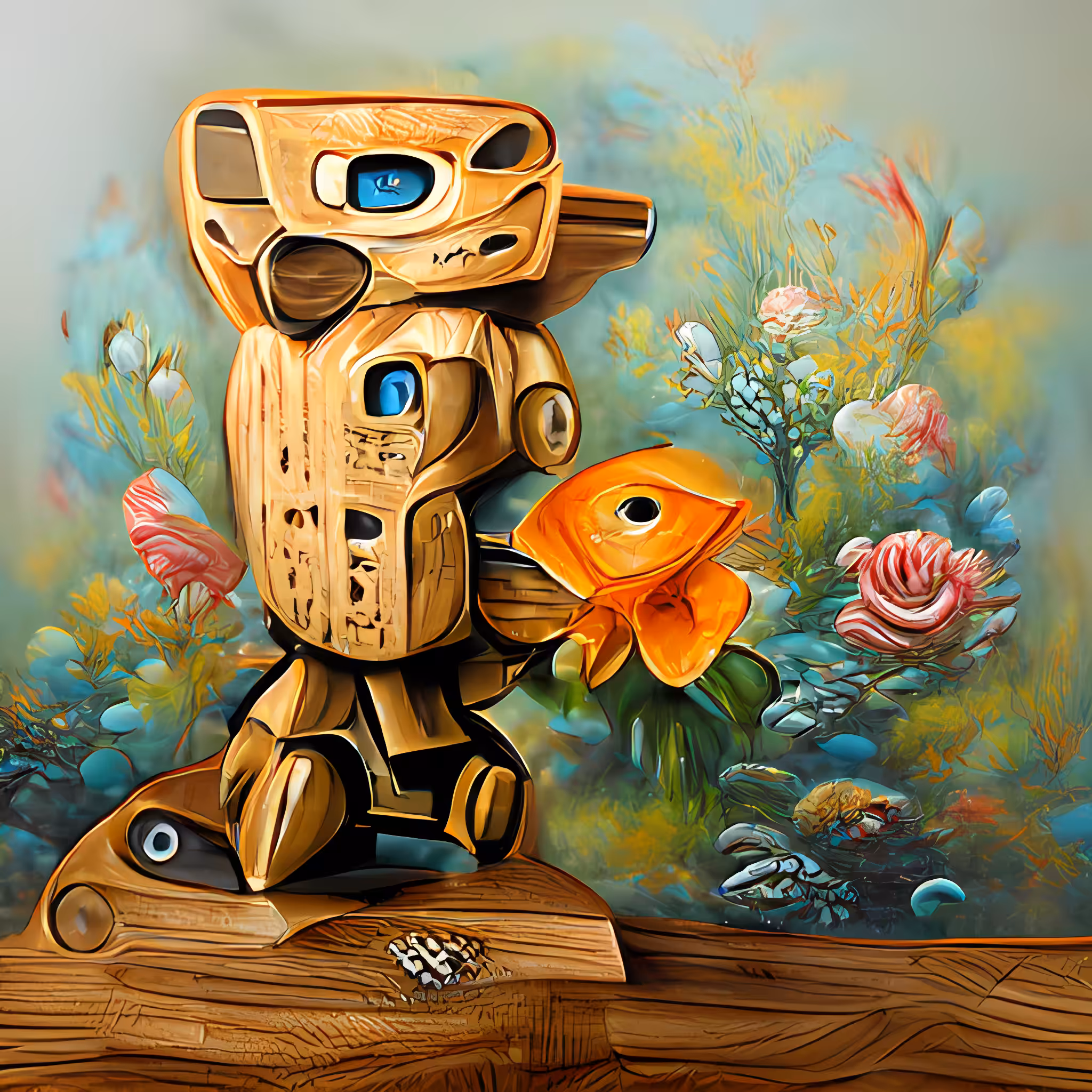 the baer robot walk to the wood  get flower gold fish #1