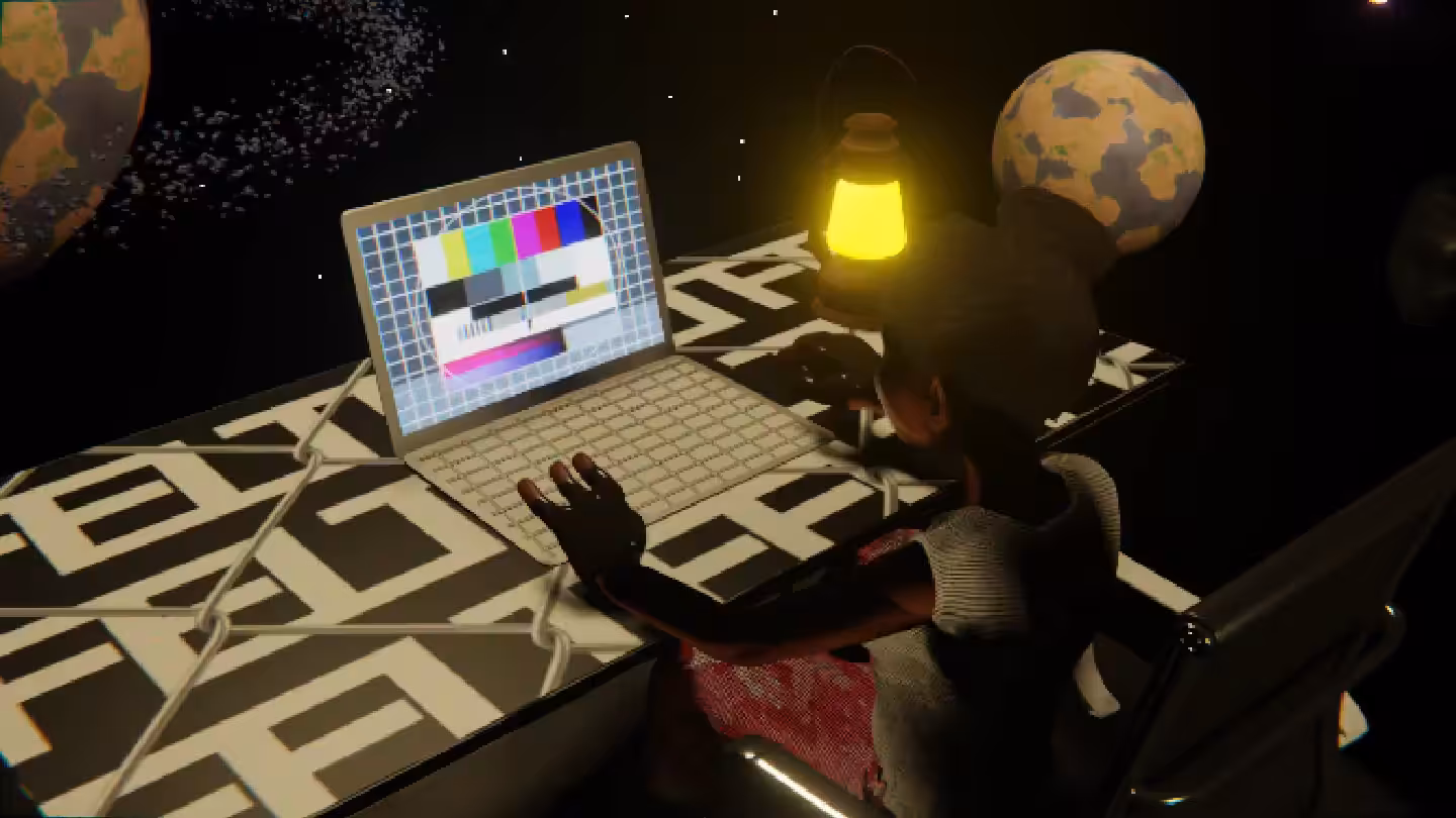 Desktop #106: The Military Brat in the Black Slim Chair With a Gas Lamp and a Please Stand By Monitor on a Barbed Wire Table in Space