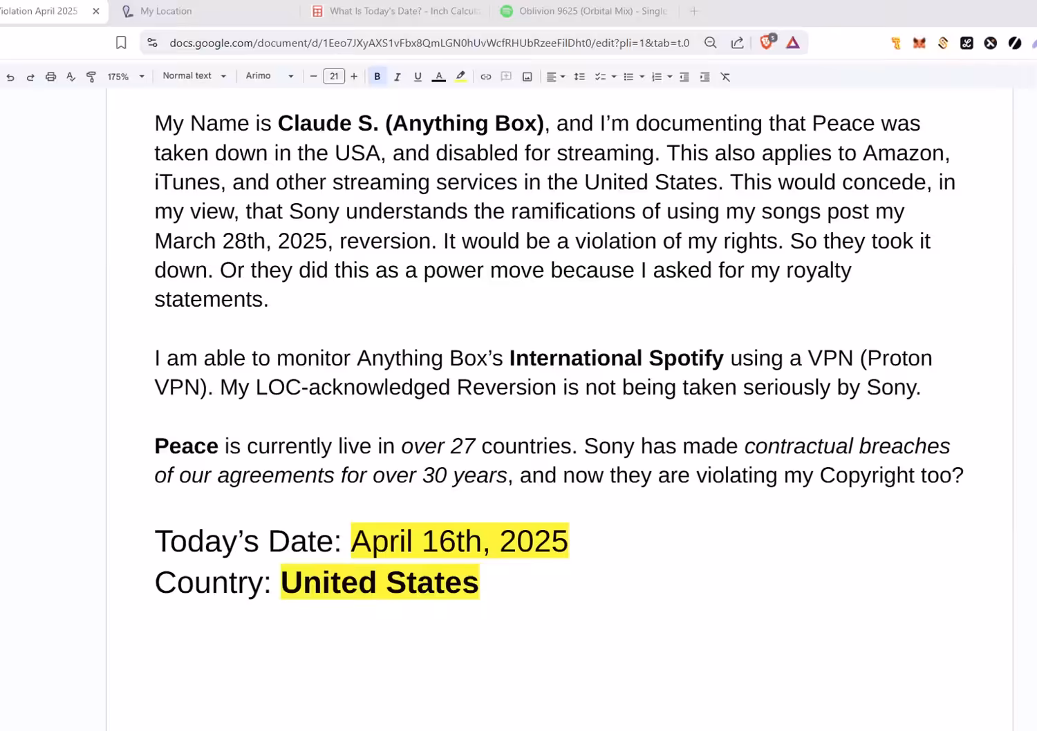 Exhibit 15: BATES 0425-204 to 0425-237: BATES 041625 / Sony Music CP International violations: 04.16.2025