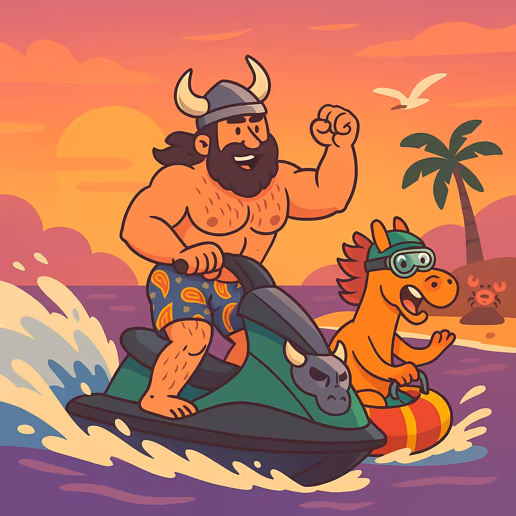 Rostam on a Jet Ski with Rakhsh Riding a Float