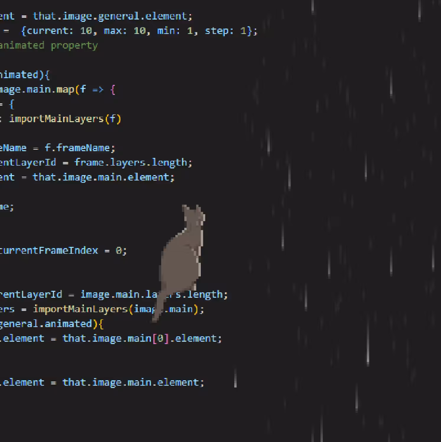 The cat looks at the rain and sits on the code that draws it all