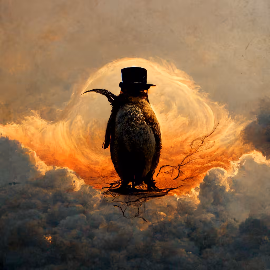 Steampunk penguin against the backdrop of sunset and clouds