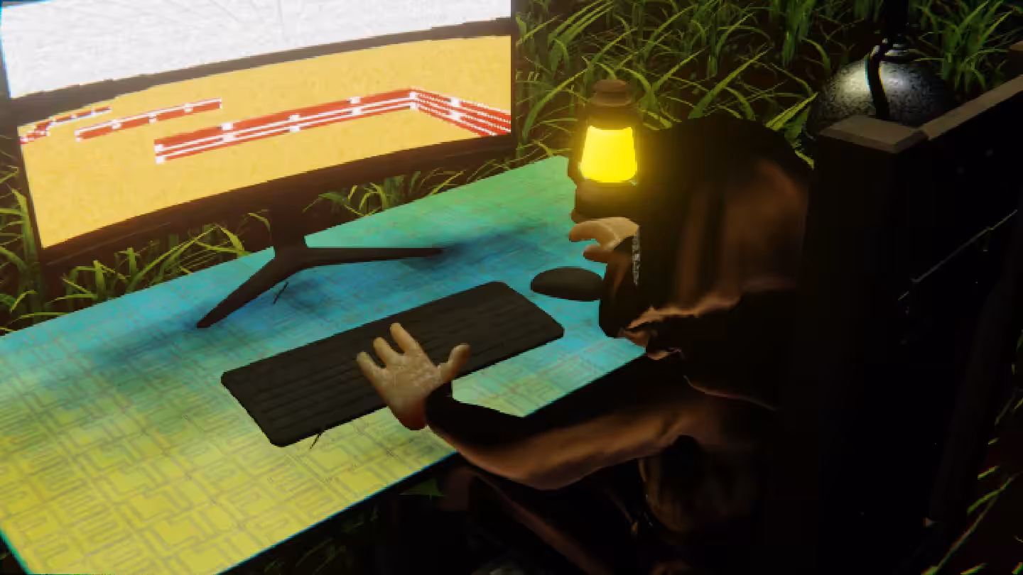 Desktop #312: The Guru in the Electric Chair With a Gas Lamp and a Maze Monitor on a Green FELT Zine Table in The Forest