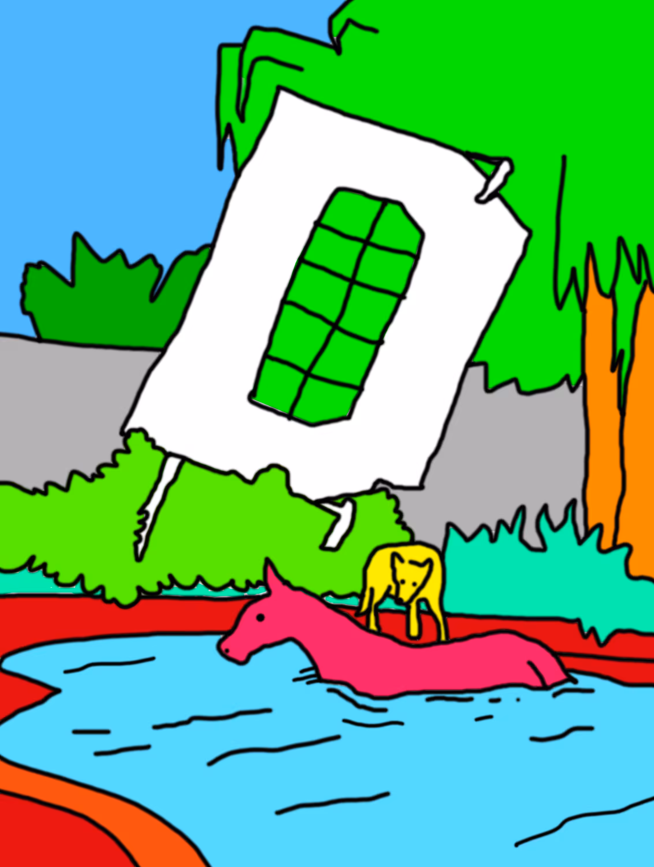 a broken billboard, a dog, a horse and a pool