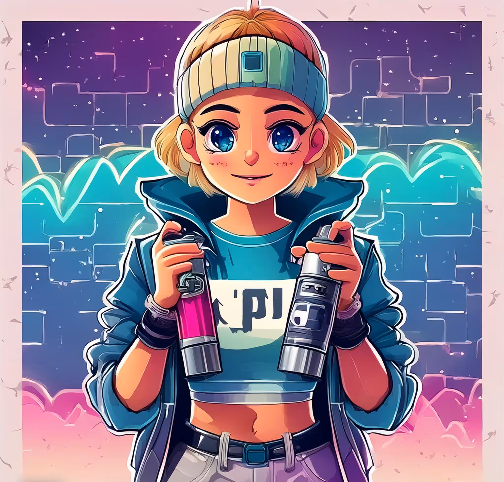 Pixel art character Cyberpunk theme: cyberpunk street artist
