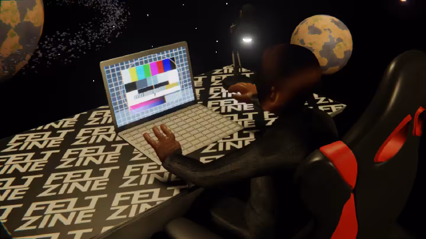 Desktop #289: The Business in the Gaming Chair With a Desk Lamp and a Please Stand By Monitor on a Felt Zine Table in Space