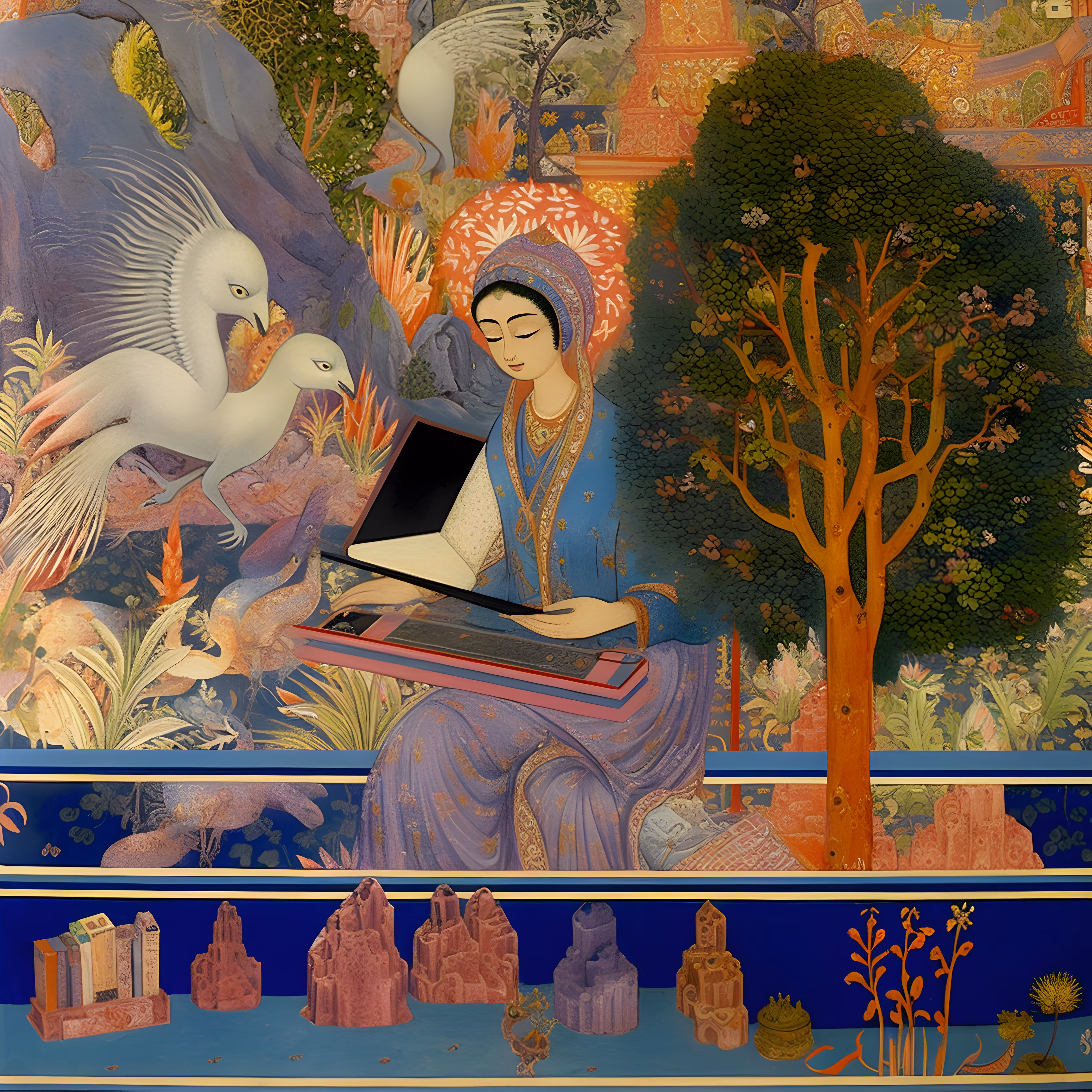 Woman reading with birds