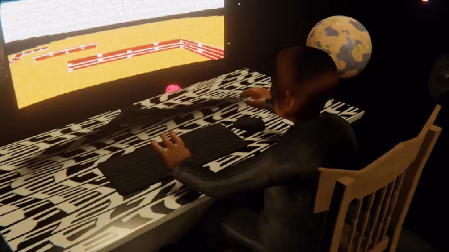 Desktop #28: The Business in the French Wood Chair With a Hanging Light and a Maze Monitor on a Pattern Table in Space