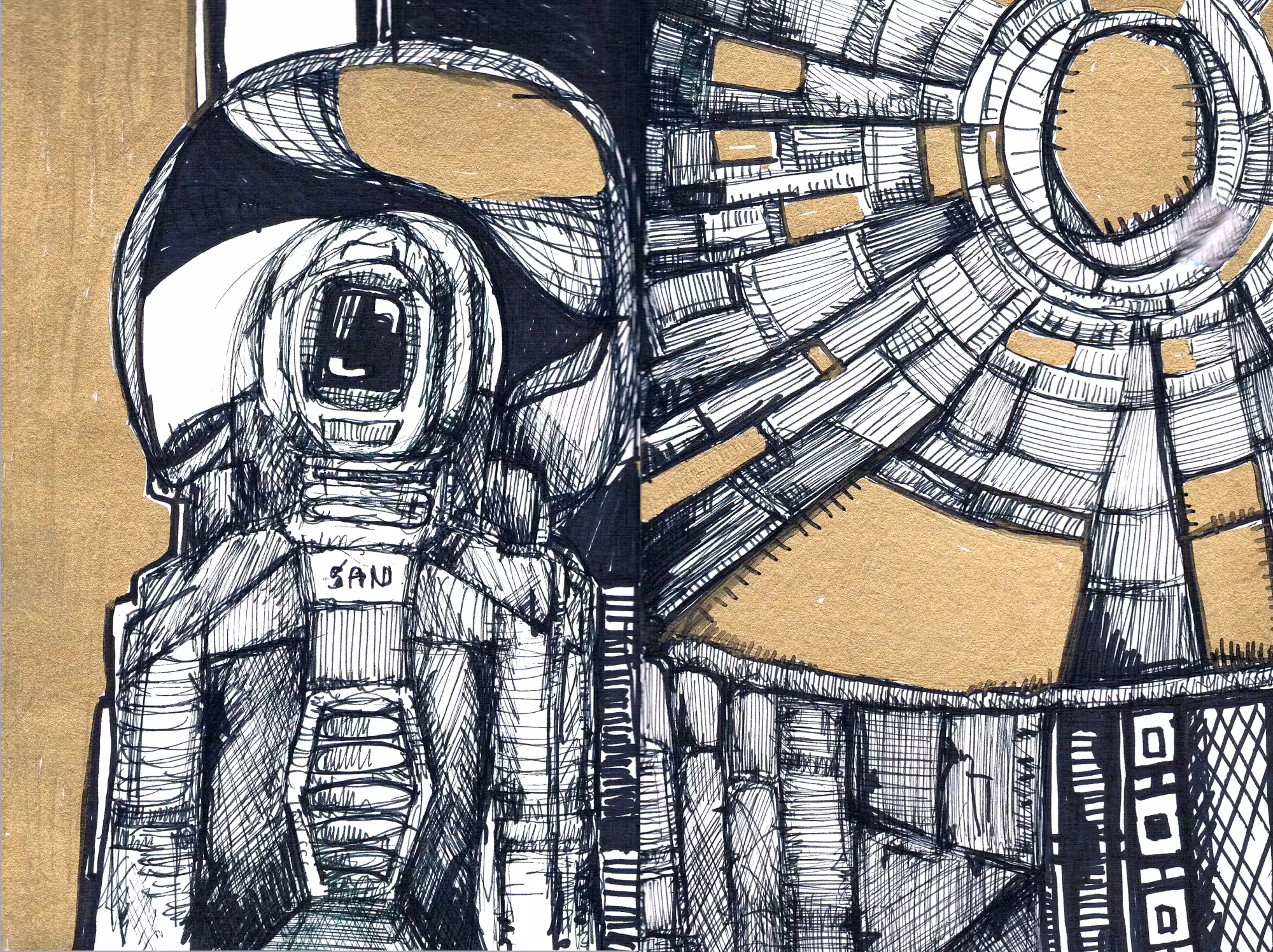 The Astronaute and the Sun ink drawing by ArtH2O