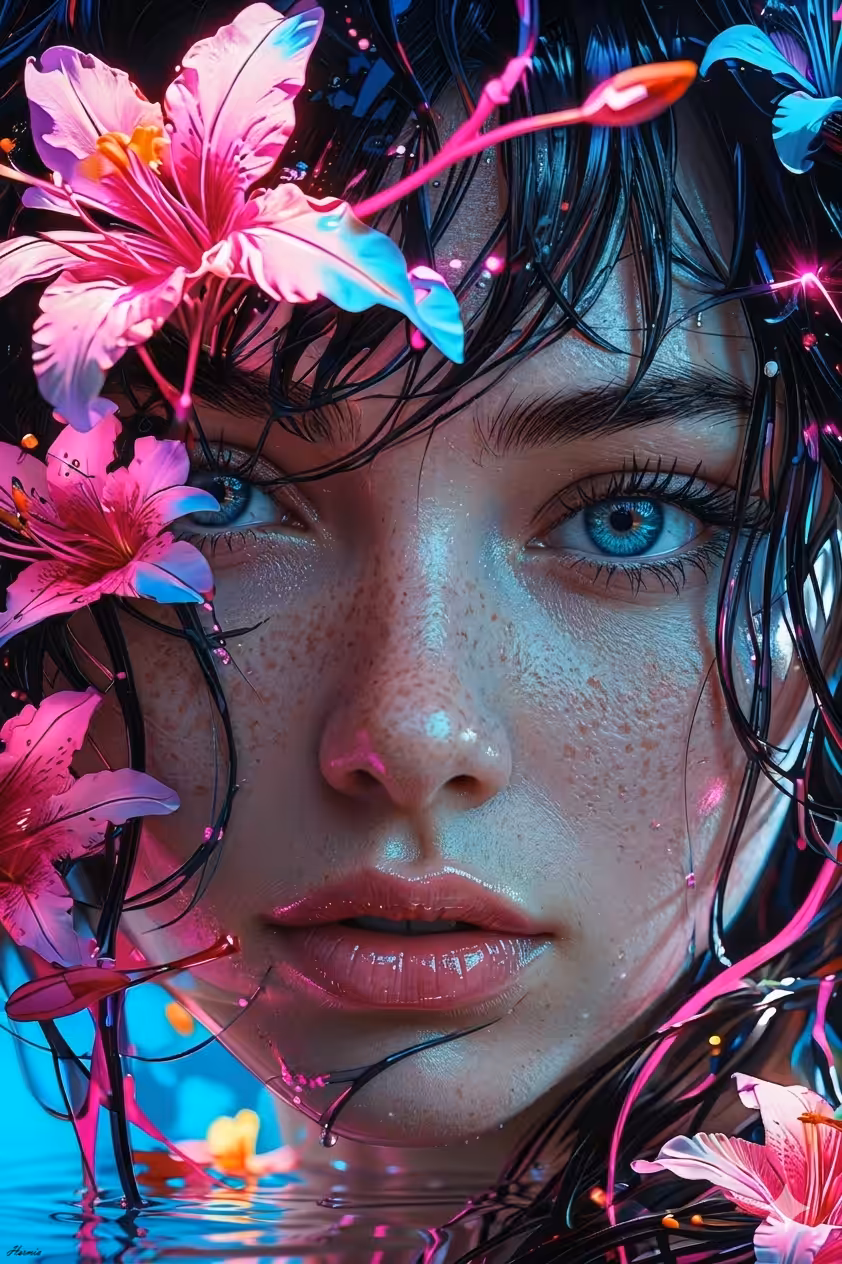 “Submerged Radiance: Bloom in Neon Waters