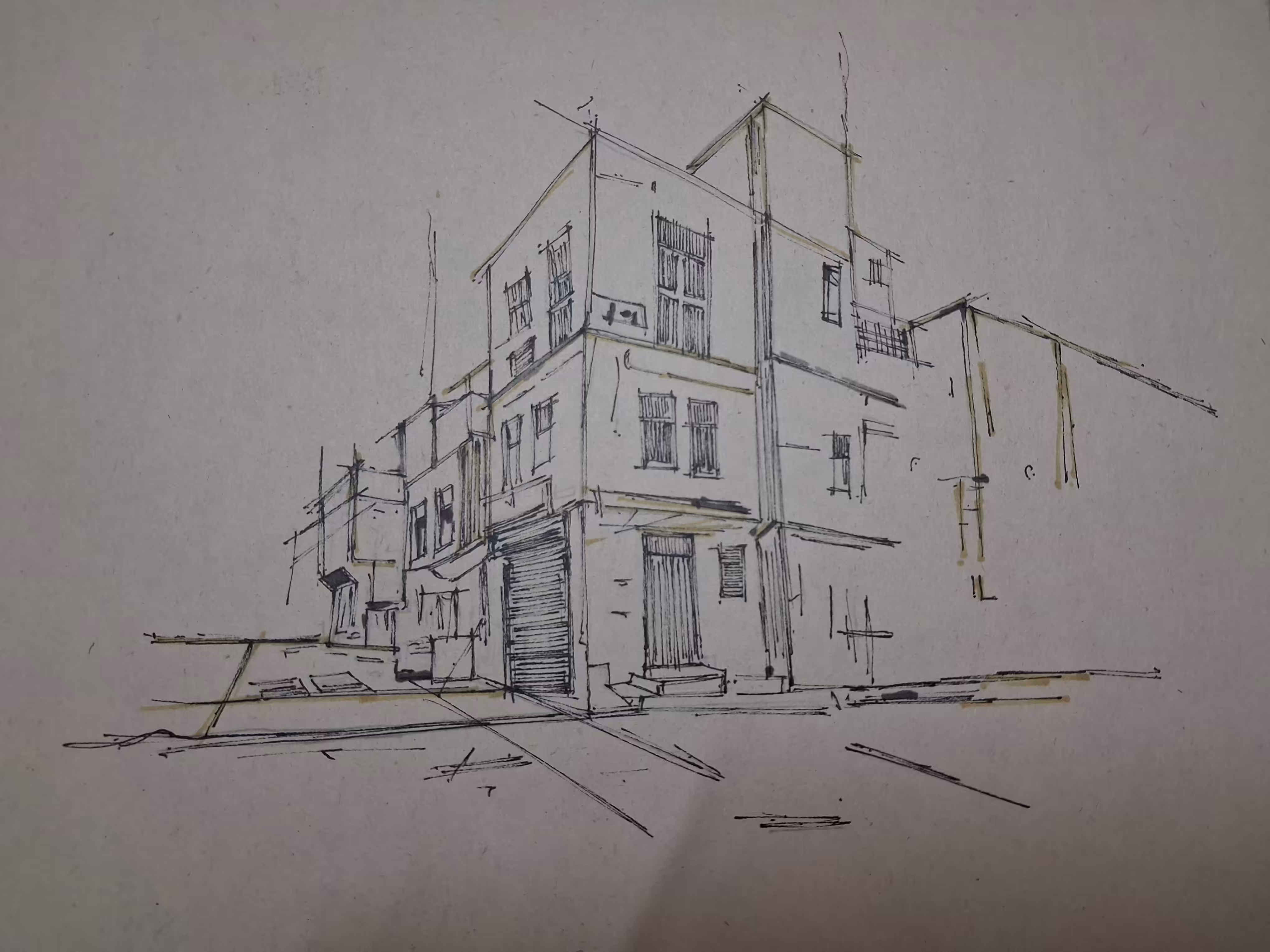 Hand-drawn architectural sketch of a building