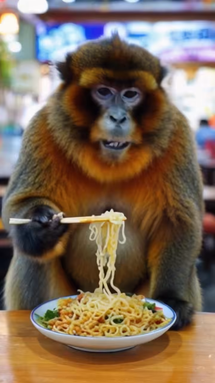 Monkey eating noodles using chopsticks