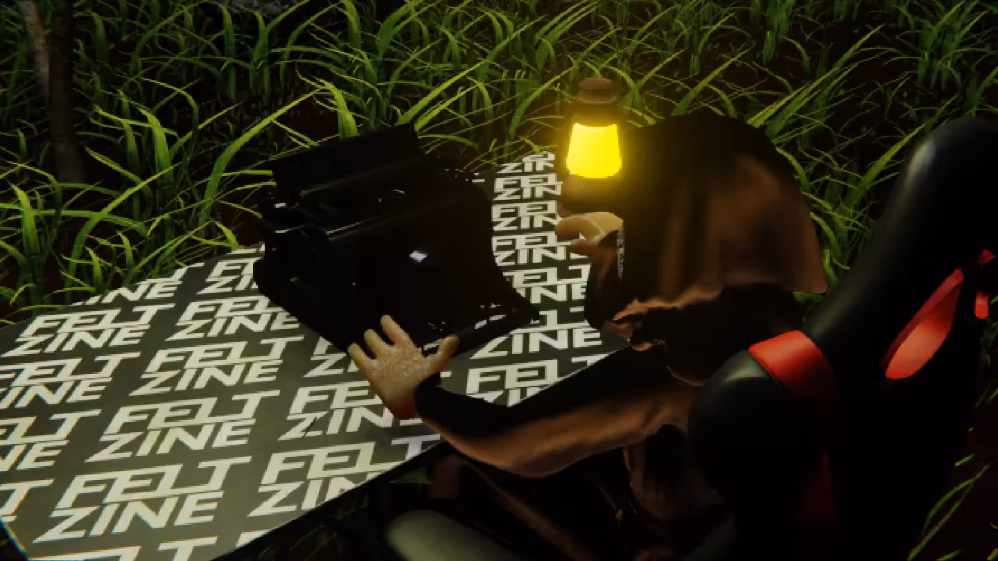 Desktop #123: The Guru in the Gaming Chair With a Gas Lamp and a Typewriter on a Felt Zine Table in The Forest