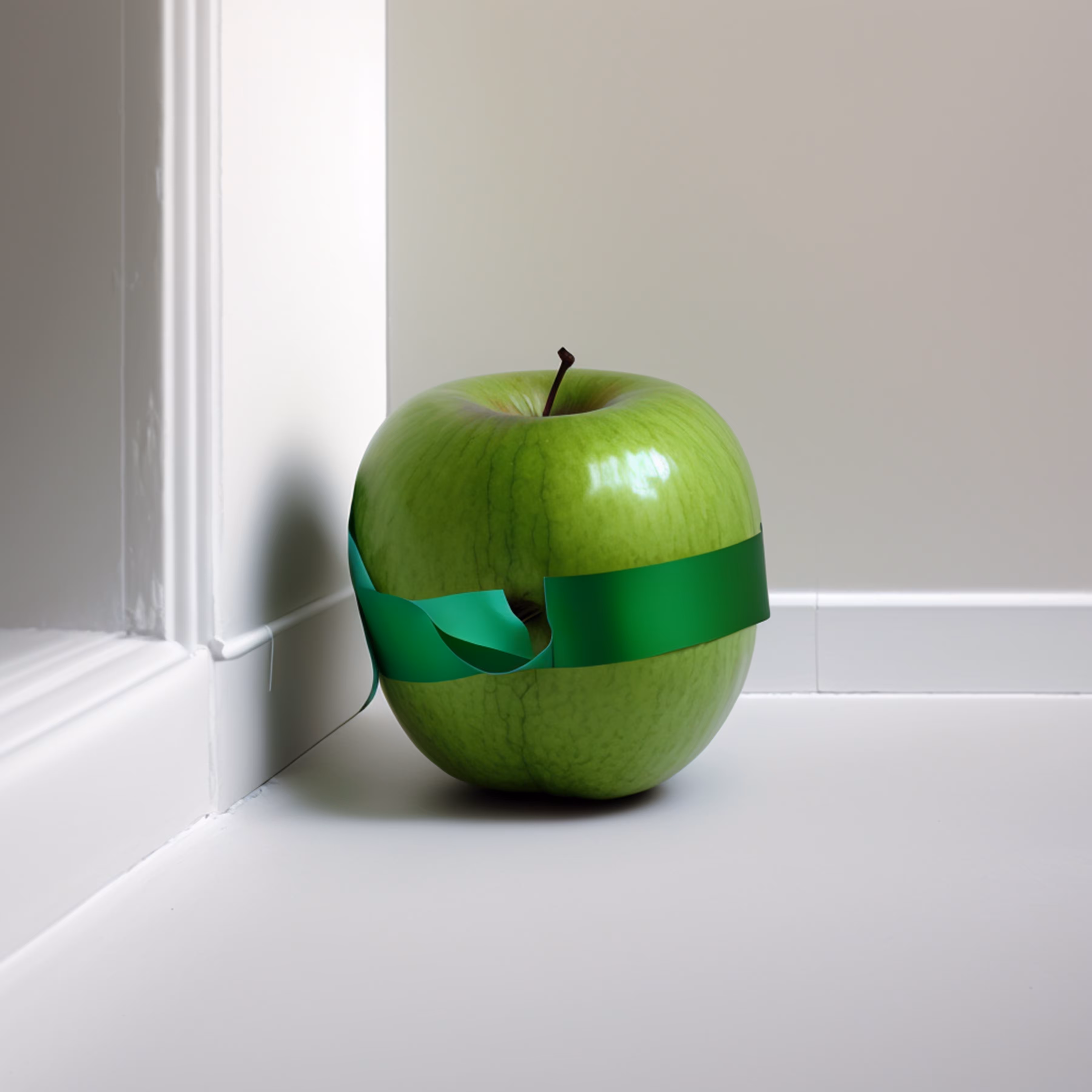 an apple taped near a wall