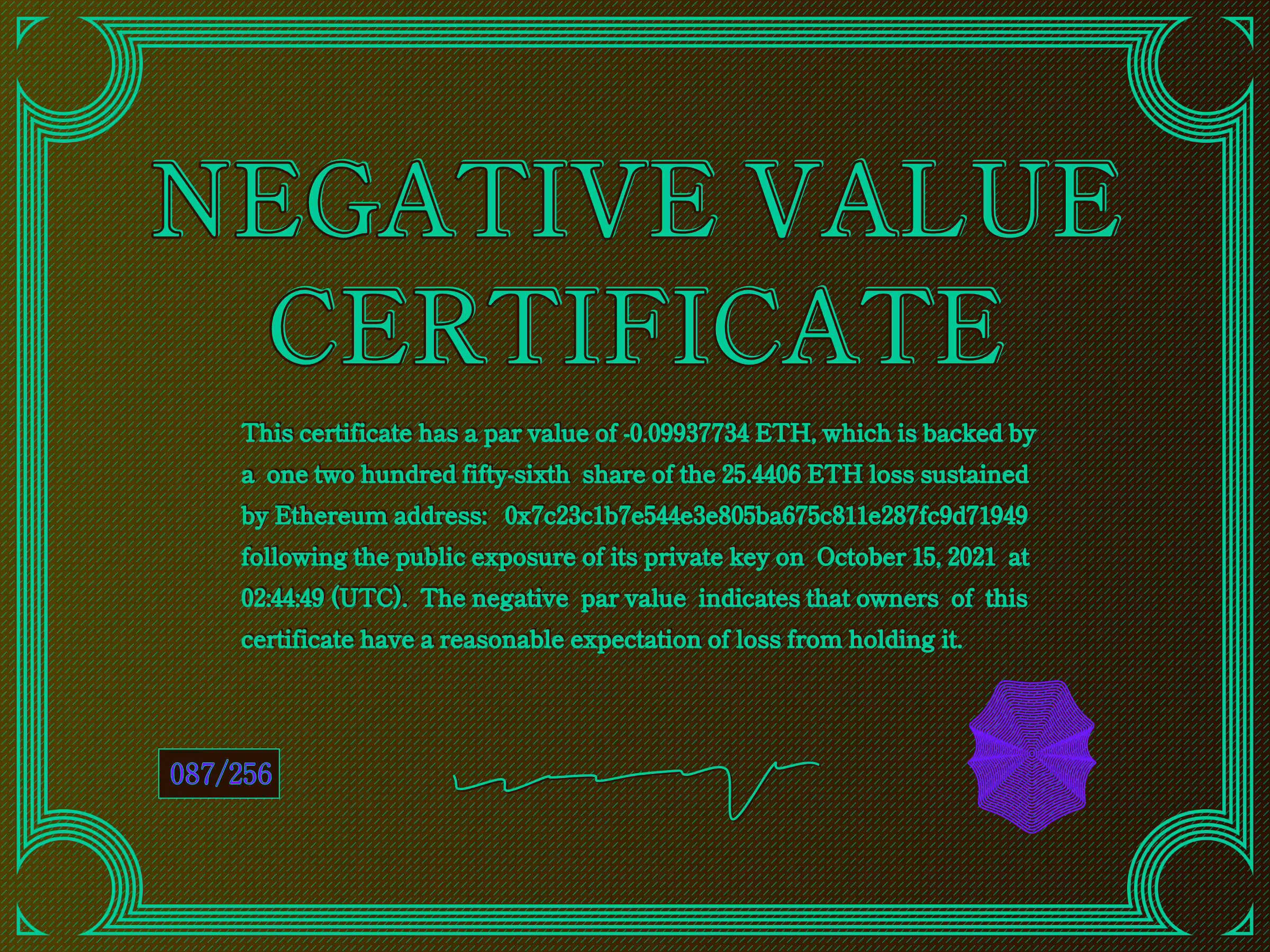 Negative Value Certificate #87 of 256