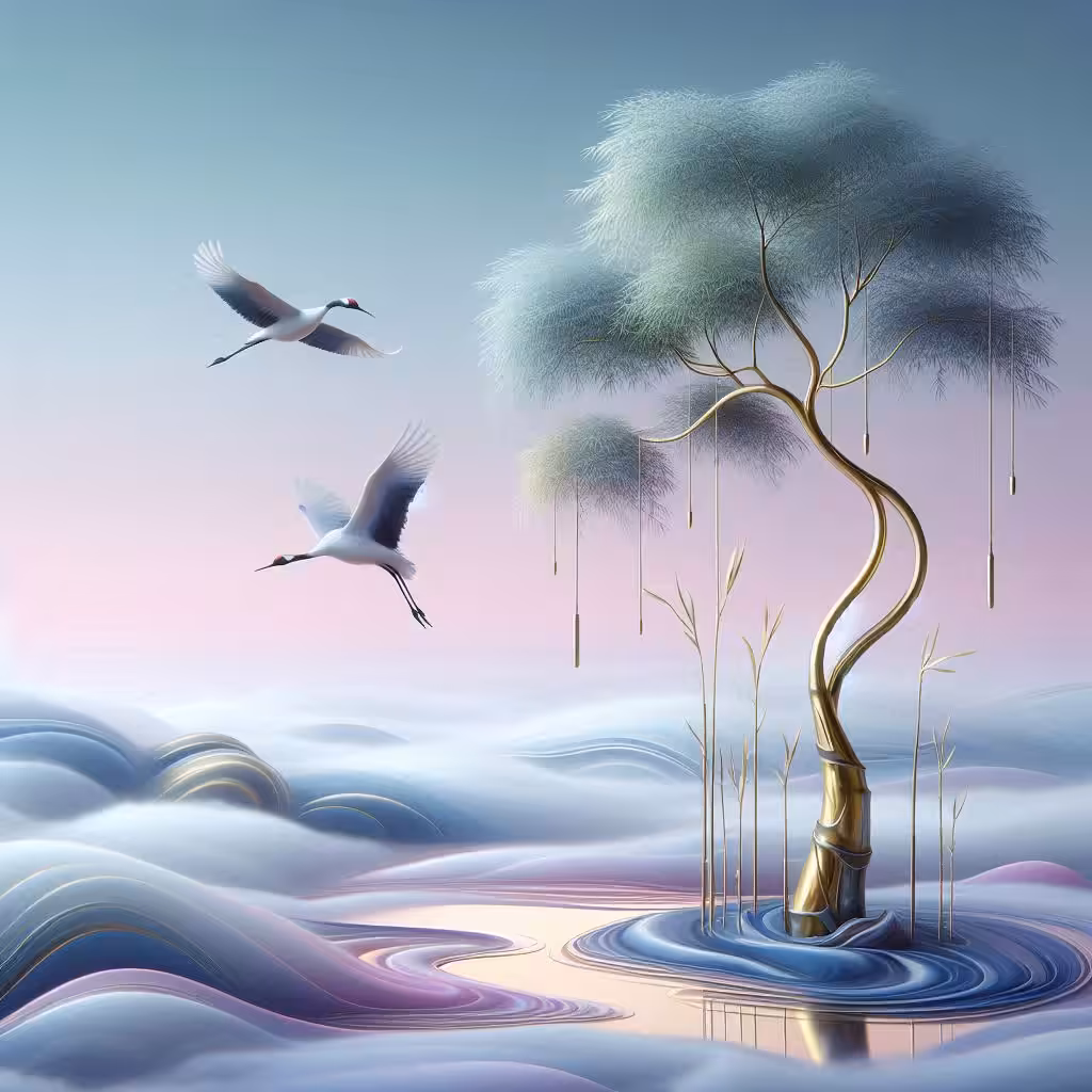 Dreamy landscape with birds, surreal tree, and soft clouds.