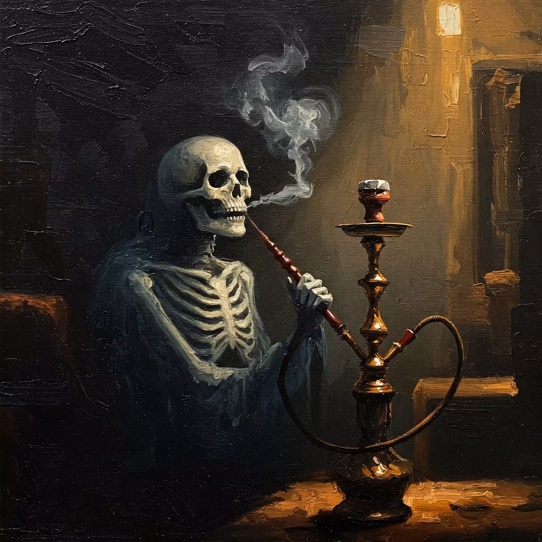 Skeleton smoking a hookah