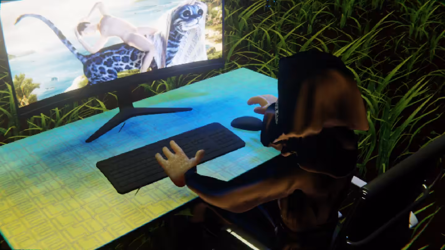 Desktop #258: The Guru in the Black Slim Chair With a Drone and a Kitty Monitor on a Green FELT Zine Table in The Forest
