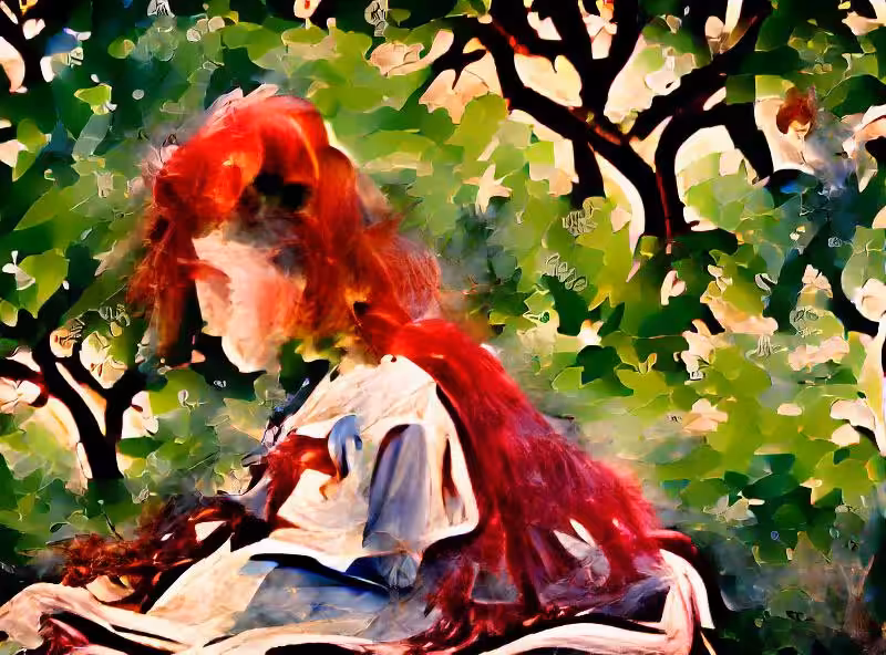 a watercolor painting of a red haired girl drawing under a tree, by John Singer Sargent