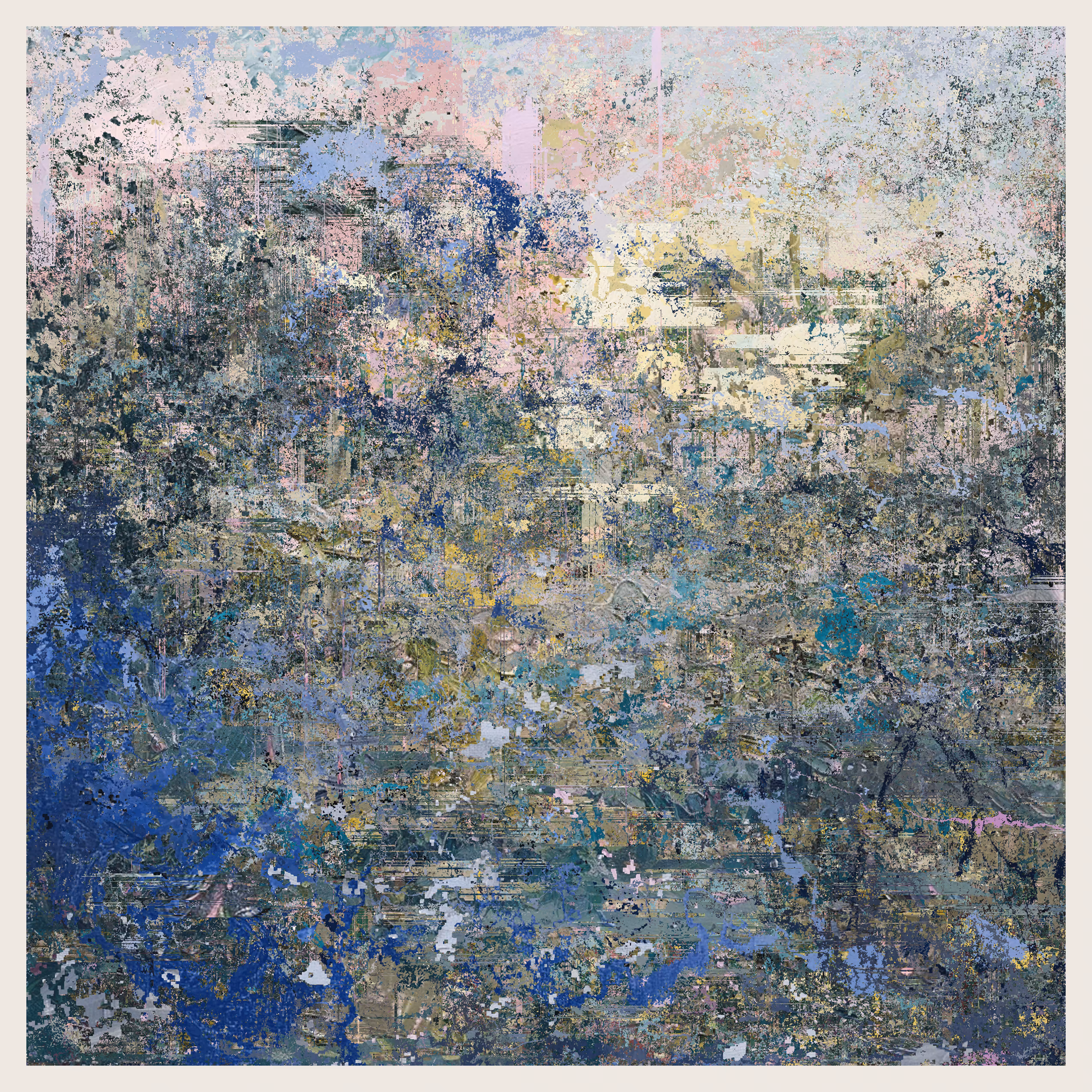 Meta-scapes: Blues dominate the overall image while greens yellows and earth tones soften the chaotic interplay The organic textured layers hint at a distant memory as if viewer is looking through a blurry lens