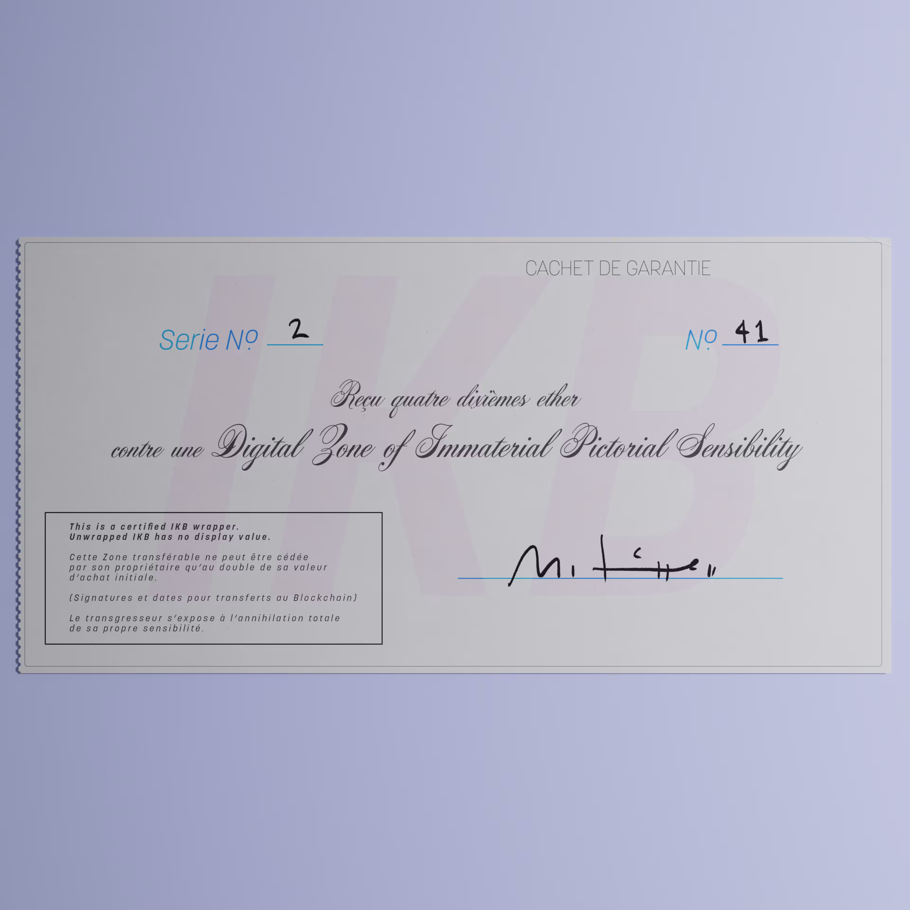 Digital Zone of Immaterial Pictorial Sensibility, Series 2, Edition 41. (Wrapped)