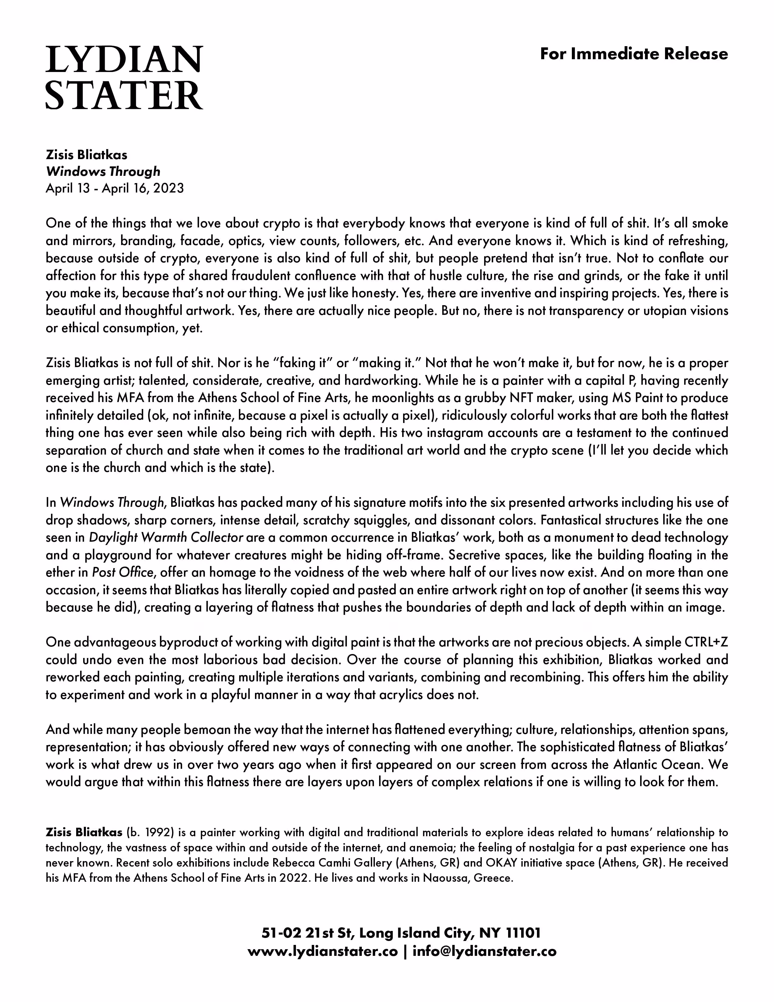 Zisis Bliatkas: Windows Through Press Release