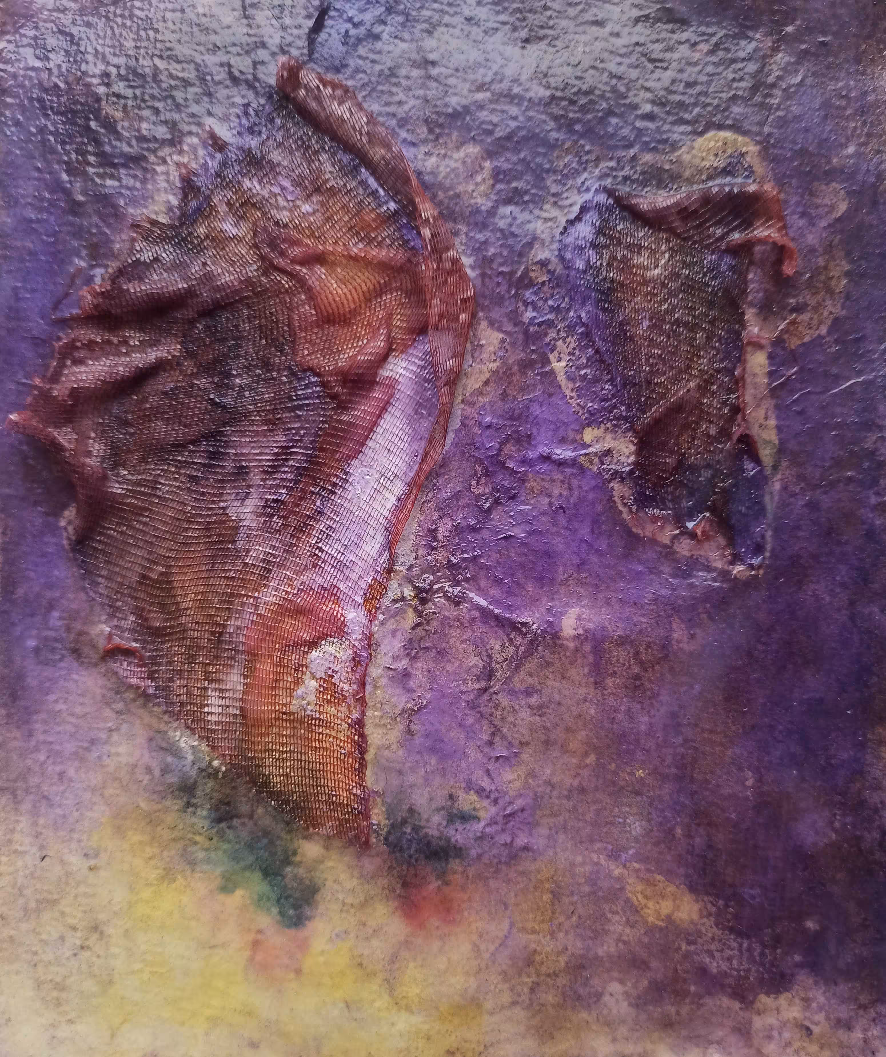 Mystic VI: Chalk Powder, Glue, Acrylic paint, Discarded Soft Net, Alcohol, Turmeric