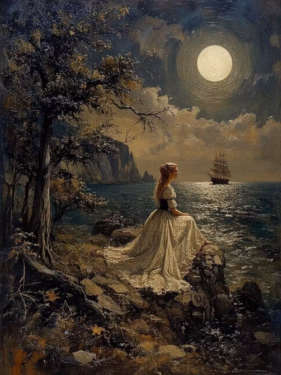 🌙 Whispers of the Night: Ship, Cliff, and Moon 🚢