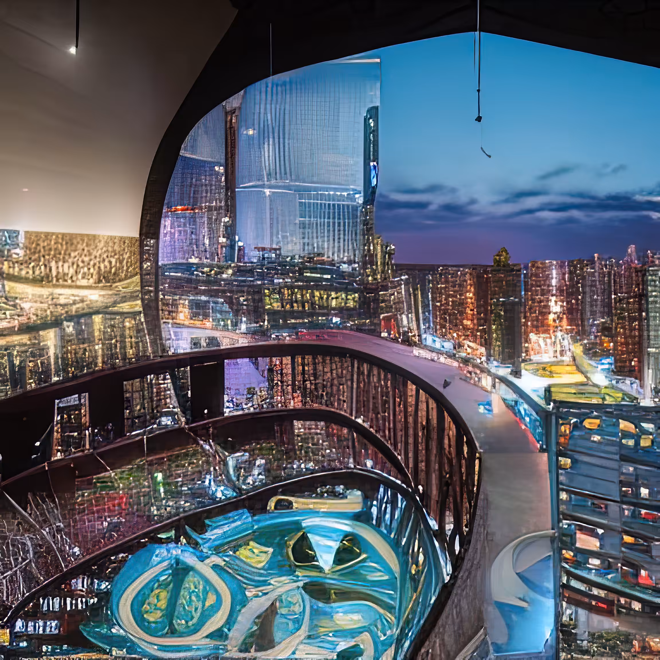 view from the balcony over vast cyberpunk city below 304234426