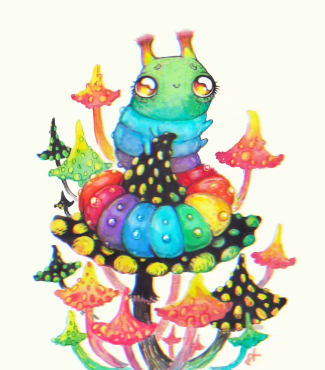 Rainbow caterpillar on a mushroom